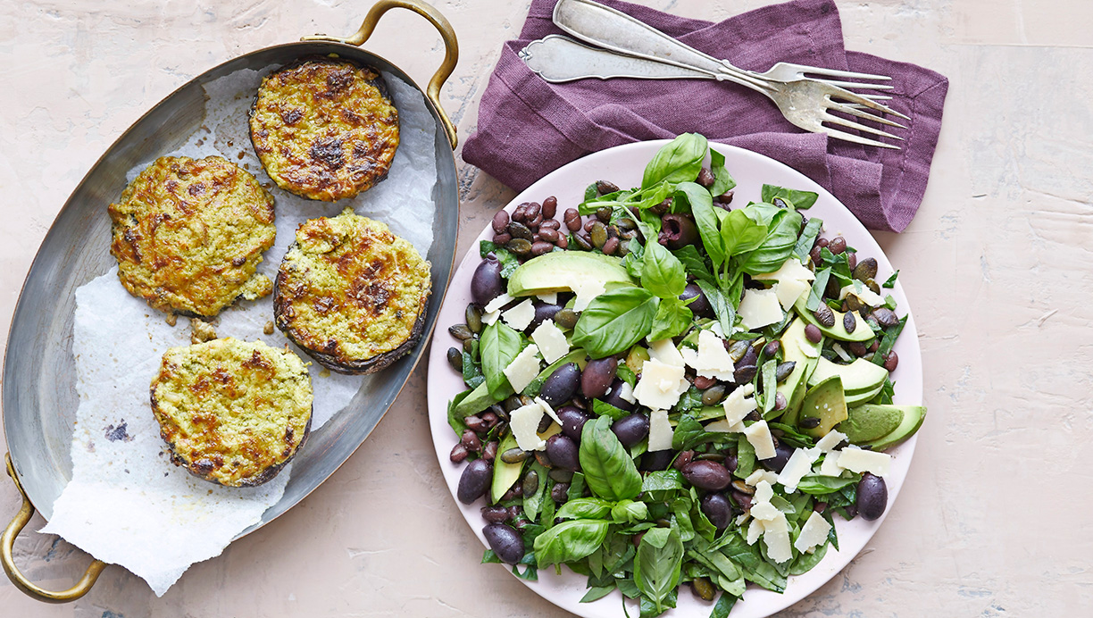 Fyldte portobellosvampe med bønnesalat 