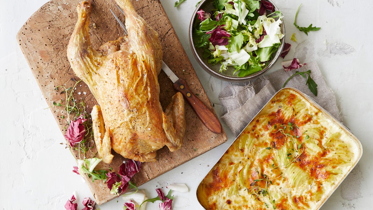 Helstegt kylling og flødekartofler med parmesan