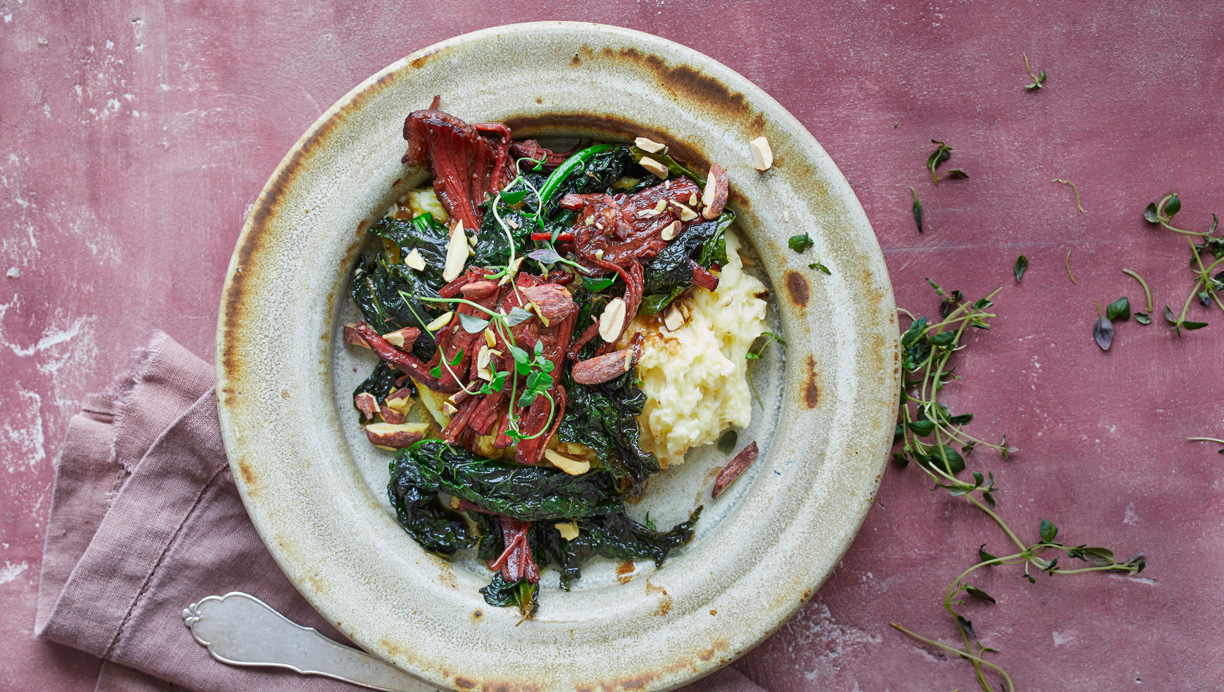 Kartoffelmos med braiseret spidsbryst og palmekål 