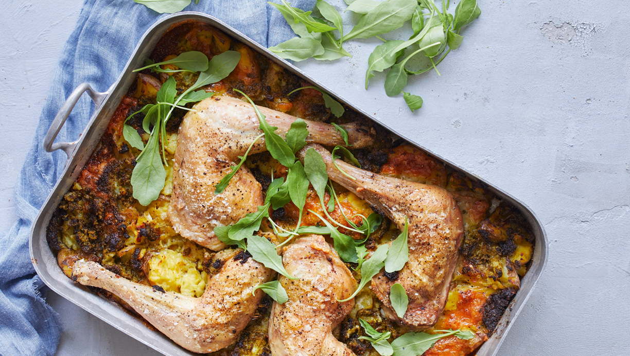 Kyllingelår med knuste kartofler og pesto 