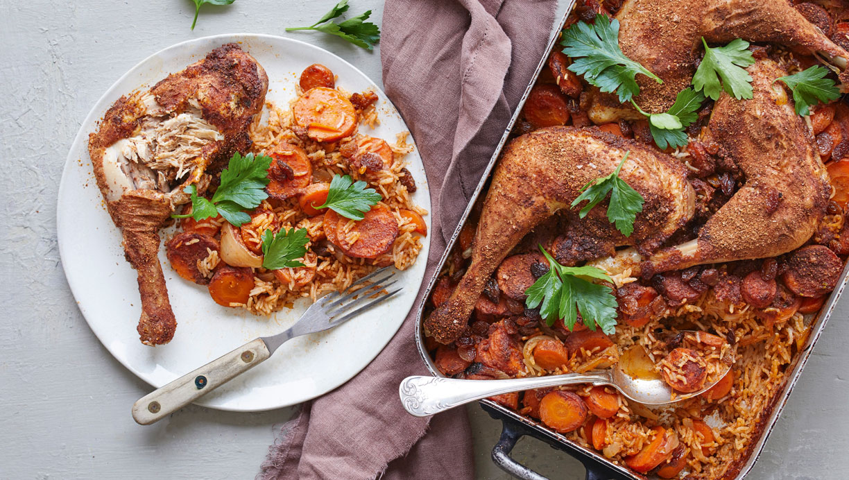 Kyllingepilaf med ristede gulerødder