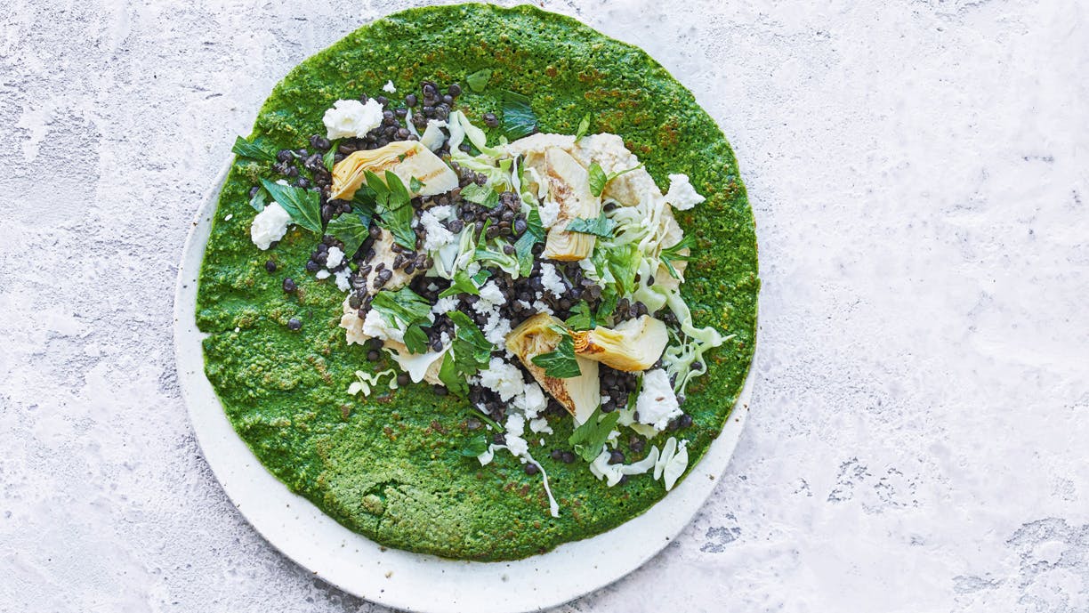 Spinatwraps med hummus, linser og feta