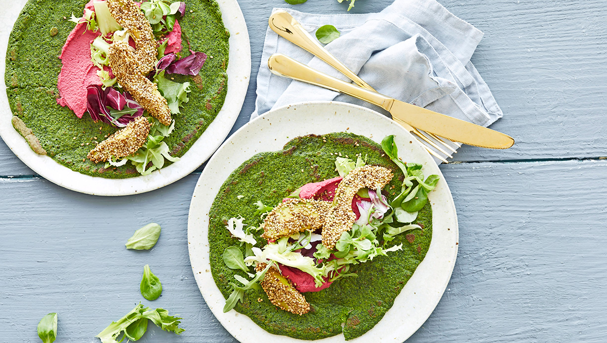 Spinatwraps med paneret avocado 