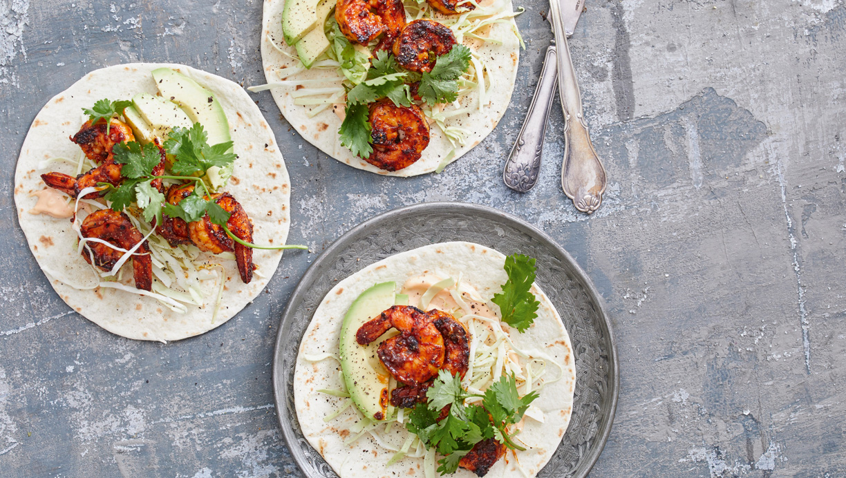 Tacos med barbecuemarinerede rejer 