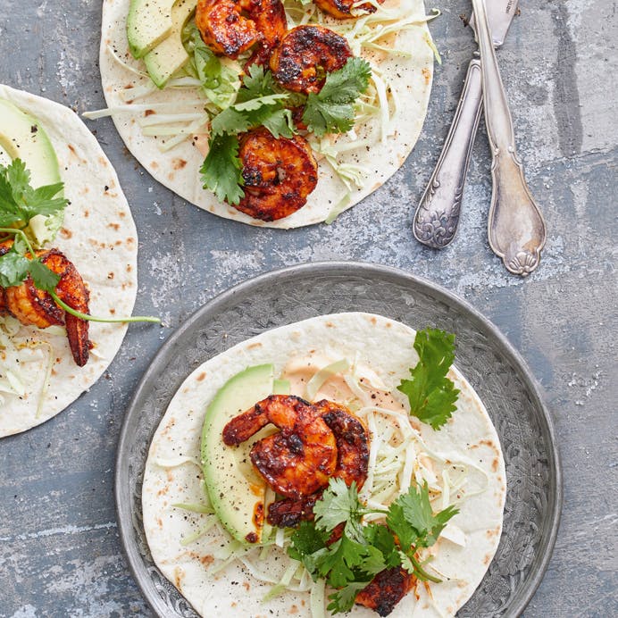 Tacos med barbecuemarinerede rejer