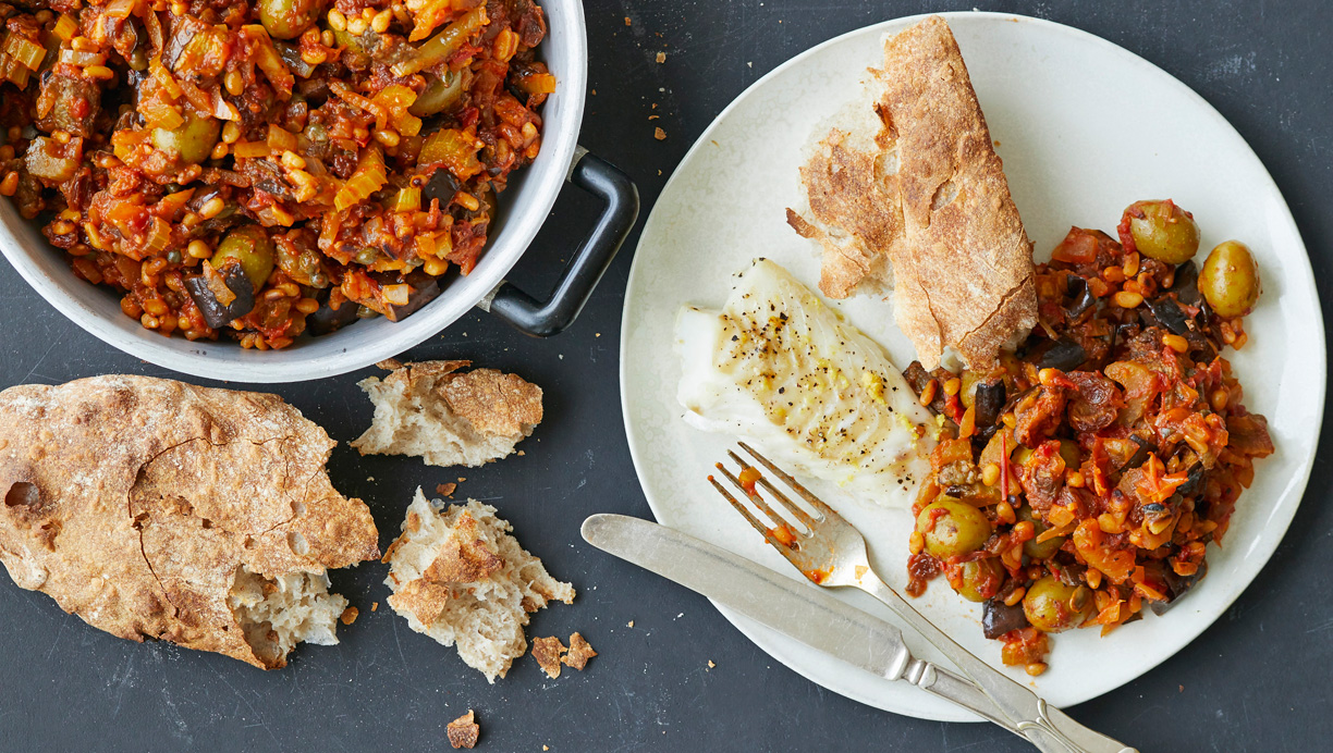 Torsk med rustik auberginesauce 