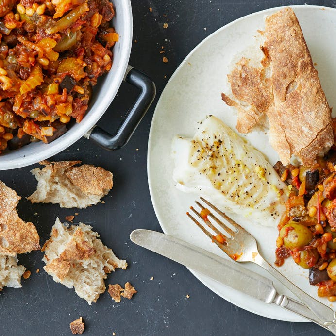 Torsk med rustik auberginesauce