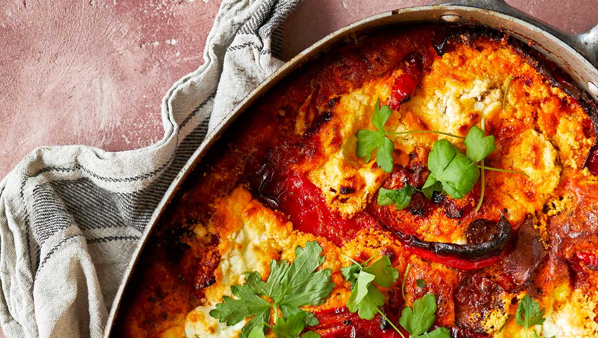 Æggekage med chorizo og bagte peberfrugter