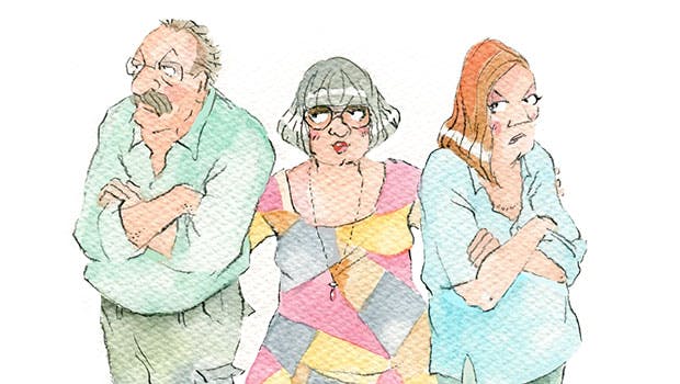 Nikoline Werdelin: Tegning af en kvinde der står mellem sin mand og veninde