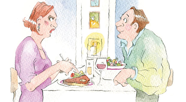 Nikolines brevkasse om en vegetar: illustration af en mand og kvinde der spiser middag