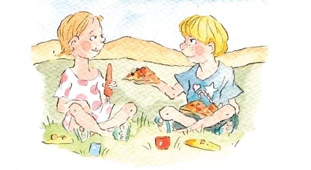 Nikolines brevkasse: Skal man lade børn leve vegansk? illustration af en pige der spiser en gulerod og en dreng der tilbyder hende et stykke pizza. 
