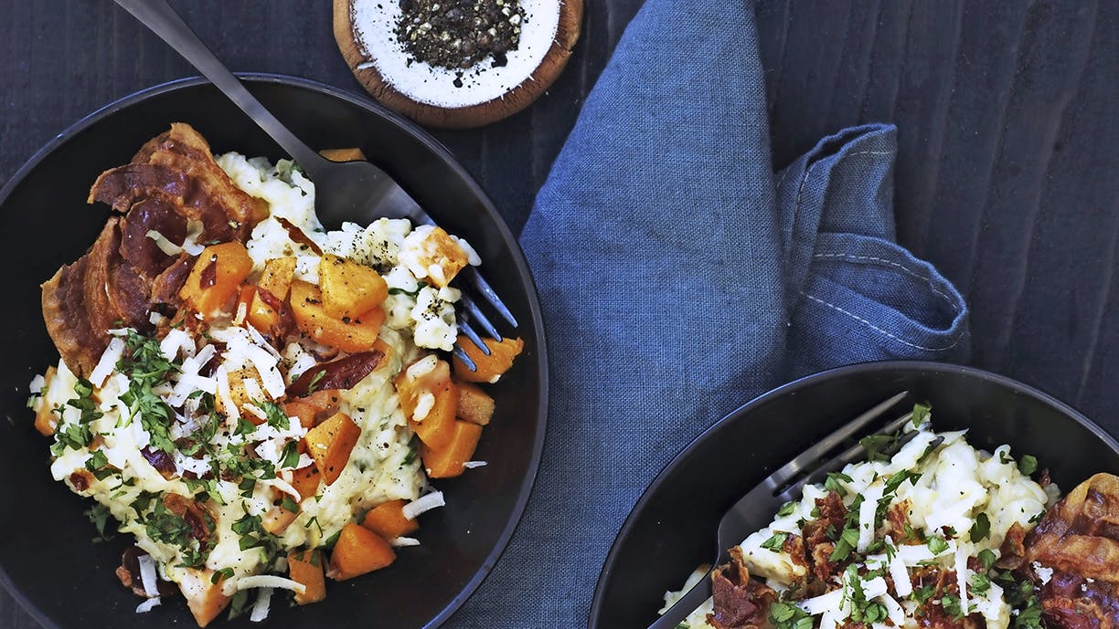 Opskrift på risotto med butternutsquash, spinat og pancetta