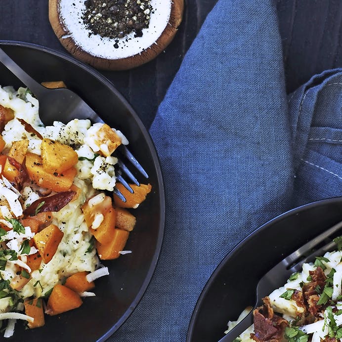 Opskrift på risotto med butternutsquash, spinat og pancetta
