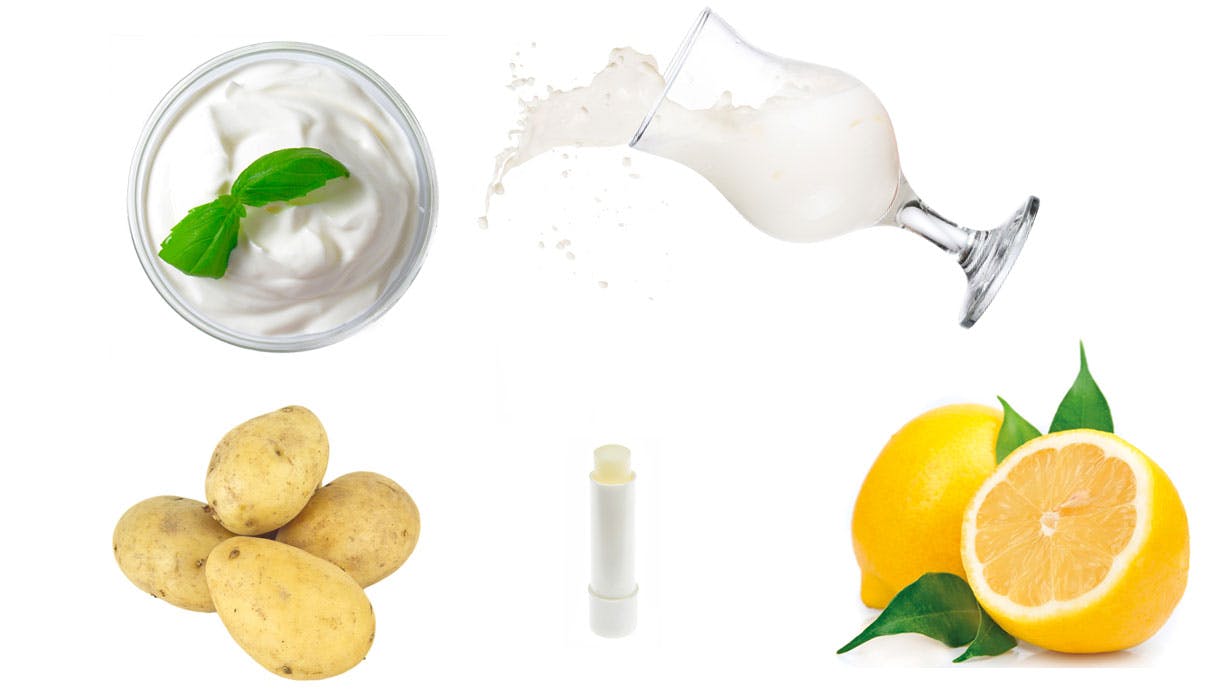 Appelsin, glas mælk, læbepomade, yoghurt,