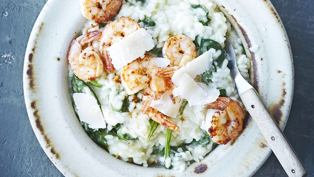 Risotto med spinat og tigerrejer