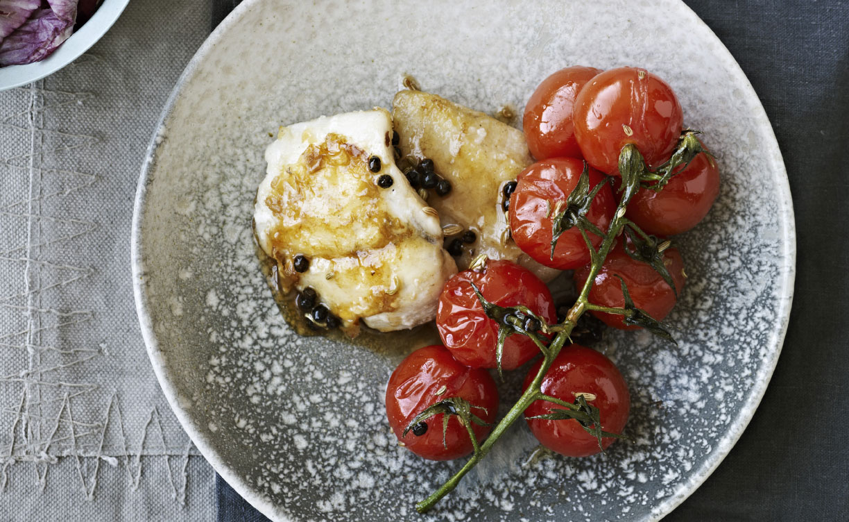 Ristede havtaskekæber med lynsyltede tomater